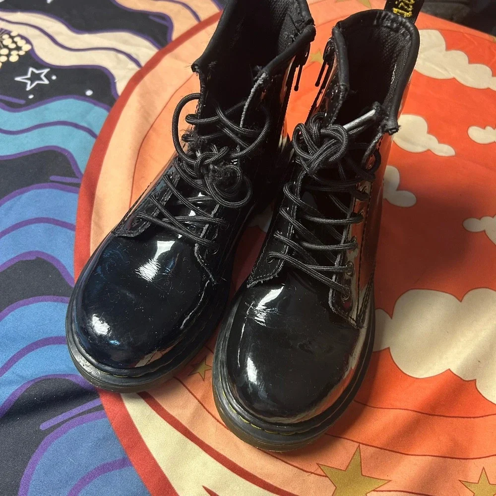 Dr. Martens 1460 J Kids Black Patent Leather Lace Up Side Zip Boots Size 1 US